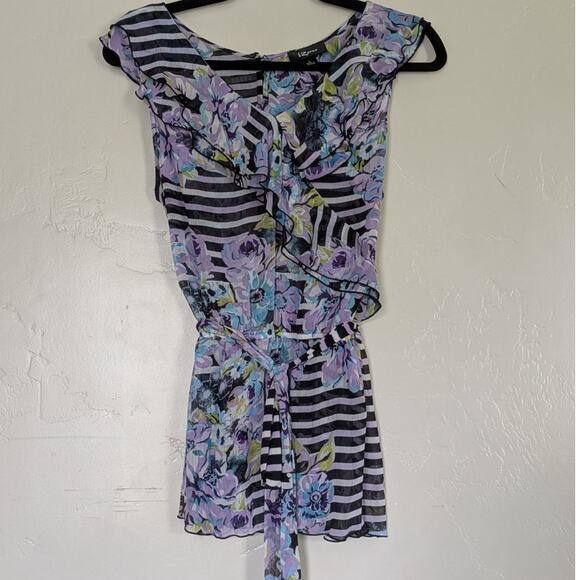 IZ Byer Blouse Junior Large Y2K‎ Floral Stripes Sheer Sleeveless Ruffle Feminine - Picture 1 of 7